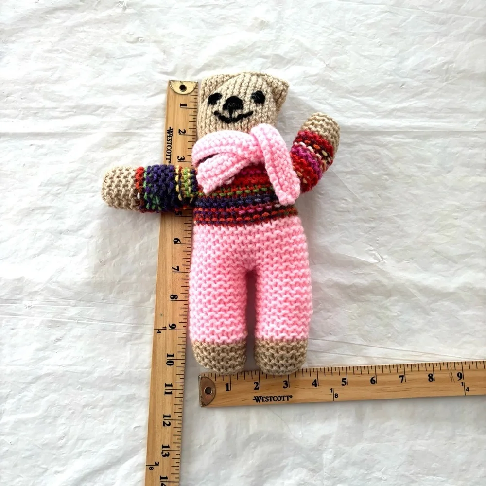 Hand Knitted Pink & Multicolor Teddy Bear Handmade. New